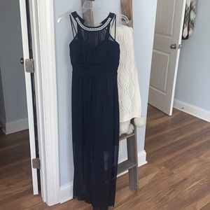 Navy formal dress with pearl and sequin neck detail